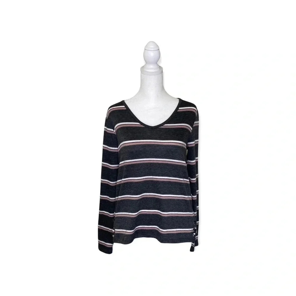 NWT Pink Republic Pink White and Gray Striped Pullover Sweater With Scoop Neck